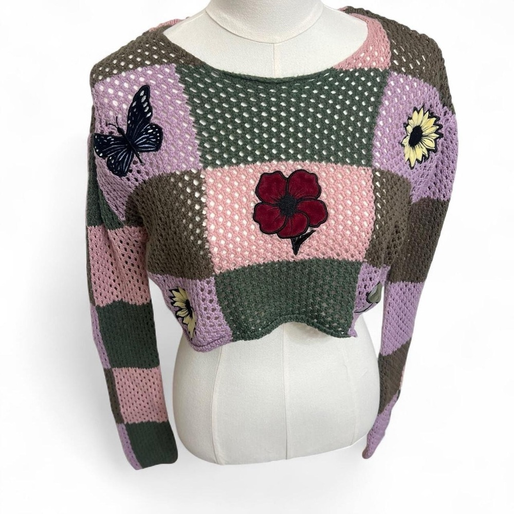 Thorn & Fable cottage core purple green pink crochet patches boho sweater crop